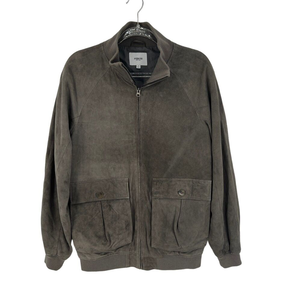 HYDEN YOO Mens Classic Bomber Coat Jacket Leather Ultra 100% Suede Sz S Zip Grey